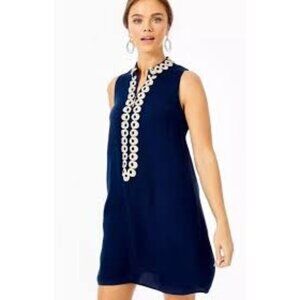 Lilly Pulitzer Navy Sleeveless‎ Shift Dress With Gold Embroidery Size 6 Women